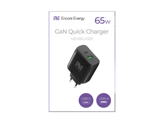 Nuovo caricabatterie da rete GaN 65W USB-A + USB-C QC PD Encore Energy MD-65C4329