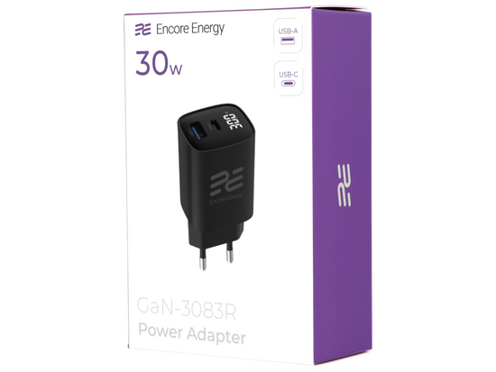 Neues Netzladegerät Encore Energy GaN QC 4 PD 3.0 USB-A USB-C 30W GaN-3083R mit Display + USB-C Kabel 2m