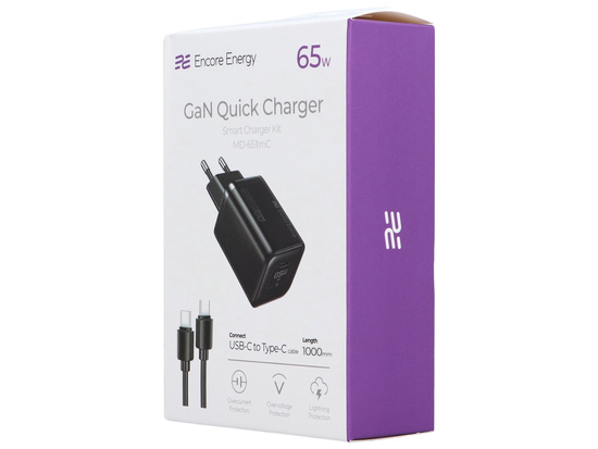 Nouveau chargeur secteur GaN 65W USB-C QC PD + câble USB-C 100cm Encore Energy MD-651mC