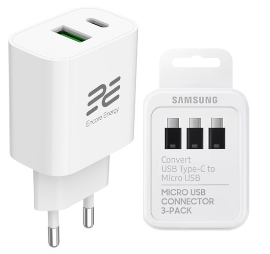 Nová síťová nabíječka Encore Energy PD 3.0 Quick Charge 4.0 USB-A USB-C 20W adaptér MD-2083R + adaptér Samsung Micro USB na USB-C