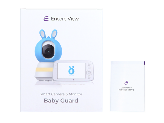 Nueva cámara inteligente para bebés WiFi giratoria FHD con alarma y música de cuna + monitor Encore View Baby Guard Blue