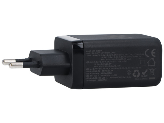 Nová síťová nabíječka GaN 65W USB-A + 2x USB-C QC PPS PD Encore Energy MD-6583RA