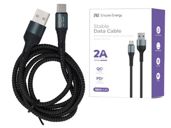 Nuovo cavo Encore Energy USB-A USB-C 2A cavo QC PD per la ricarica e il trasferimento dati 100 cm intrecciato nero EE103-C