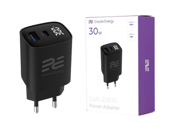 Nuevo cargador de red Encore Energy GaN QC 4 PD 3.0 USB-A USB-C 30W GaN-3083R con pantalla.