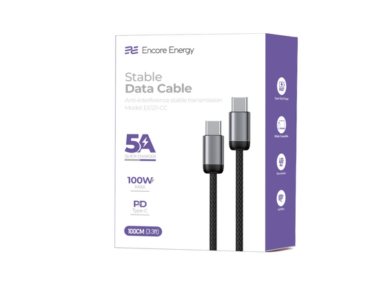 Новий кабель Encore Energy USB-C x2 5A провід QC PD 100W для зарядки та передачі даних 100 см плетений чорний EE121-CC-1M