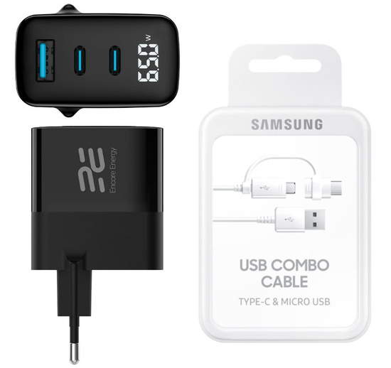 Nová nabíječka do sítě USB Encore Energy GaN QC 4+ PD 3.0 USB-A USB-C x2 Rychlá nabíječka 65W s displejem + Kabel Samsung Combo USB