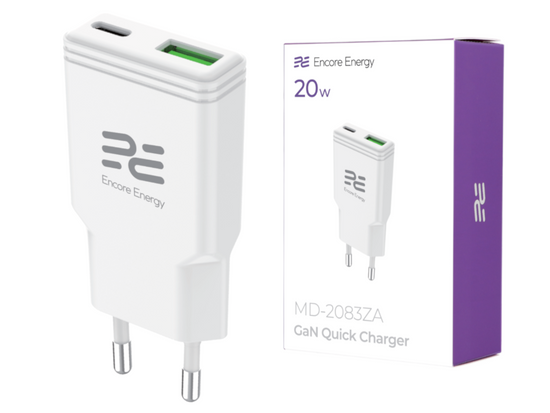 Neue SLIM GaN 20W USB-A USB-C QC PD Encore Energy MD-2083ZA Netzladegerät + Kabel 2x USB-C 50cm