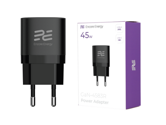 Nuevo cargador de red Encore Energy GaN QC 4+ PD 3.0 USB-A USB-C 45W GaN-4583R