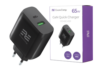 Нова мережна зарядка GaN 65W USB-A + USB-C QC PD Encore Energy MD-65C4329