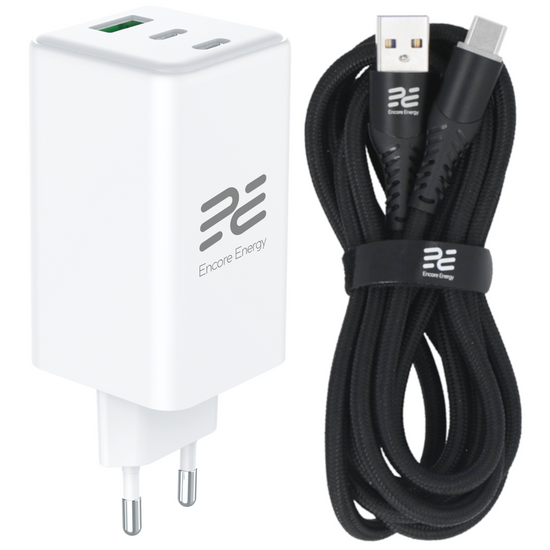 Nouveau chargeur secteur Encore Energy GaN QC PD 1x USB-A 30W 2x USB-C 100W MD-10083Z + câble USB-A USB-C 2m