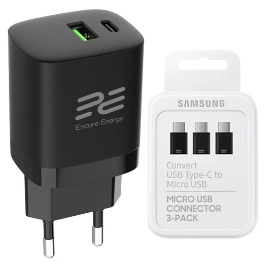 Nová nabíječka do sítě USB Encore Energy PD 3.0 Quick Charge 4.0 USB-A USB-C Rychlá nabíječka 30W + Adaptér Samsung Micro USB na USB-C