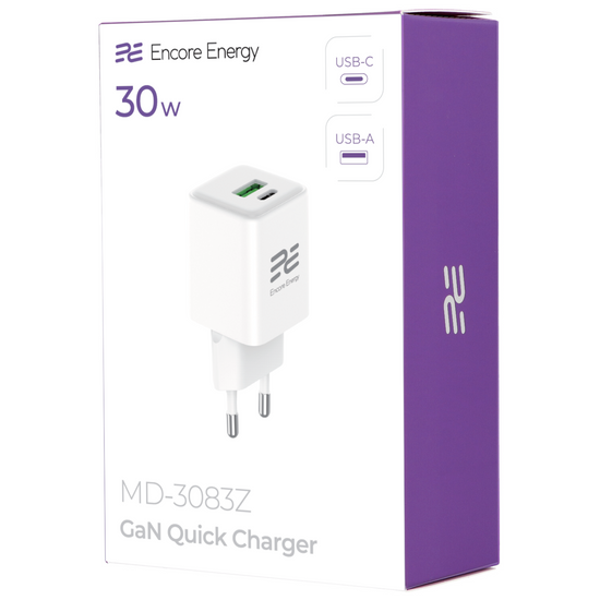 Nová síťová nabíječka GaN 30W USB-A USB-C QC PD Encore Energy MD-3083Z + kabel 2x USB-C 50cm