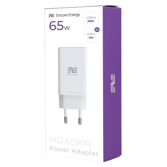 Neue GaN 65W USB-A + 2x USB-C QC PPS PD Netzladegerät Encore Energy MD-6590R
