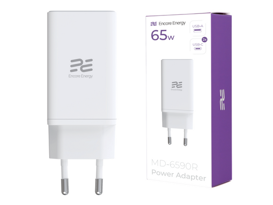 Nová síťová nabíječka GaN 65W USB-A + 2x USB-C QC PPS PD Encore Energy MD-6590R + kabel 2x USB-C 100cm