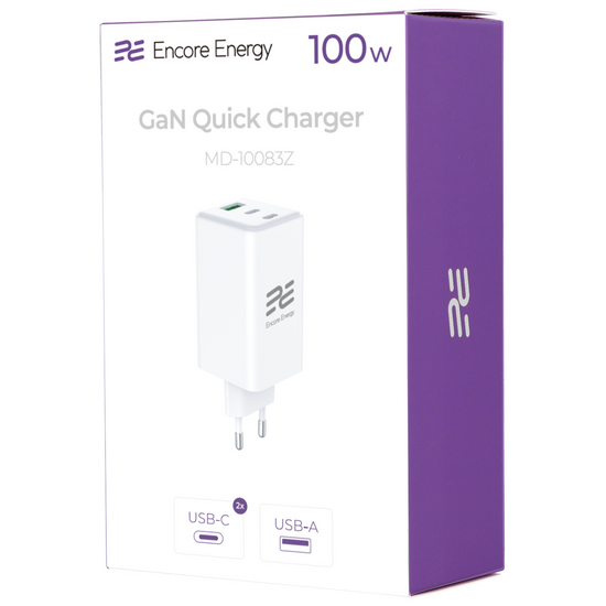 Nová síťová nabíječka Encore Energy GaN QC PD 1x USB-A 30W 2x USB-C 100W MD-10083Z + kabel 2x USB-C 50cm