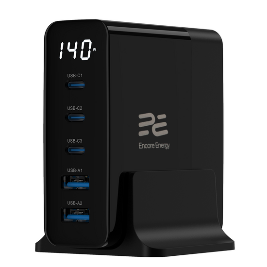 Nová síťová nabíječka Encore Energy GaN QC 4+ 5.0 PD 3.0 USB-A x2 USB-C x3 140W GaN-14083R s displejem + kabel USB-A USB-C 2m