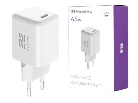 Nová síťová nabíječka GaN USB-C 45W QC PD Encore Energy MD-4583Z + kabel 2x USB-C 50cm