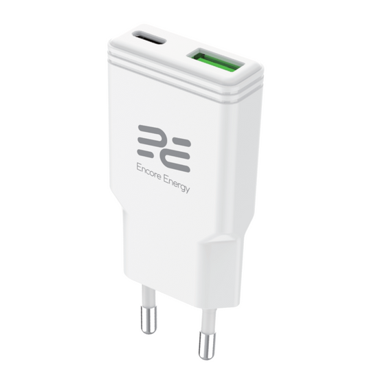 Nová síťová nabíječka SLIM GaN 20W USB-A USB-C QC PD Encore Energy MD-2083ZA + kabel USB-A USB-C 2m