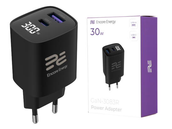 Nová síťová nabíječka Encore Energy GaN QC 4 PD 3.0 USB-A USB-C 30W GaN-3083R s displejem + kabel USB-A USB-C 2m
