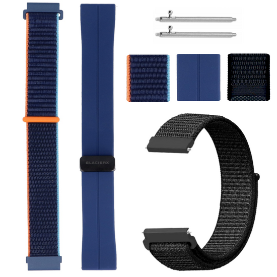 Ensemble de bracelets pour smartwatch GlacierX Grip Strap Nylon Noir + Boucle Magnétique en Silicone Bleu Nuit + Grip Strap Nylon Bleu Océan 22mm
