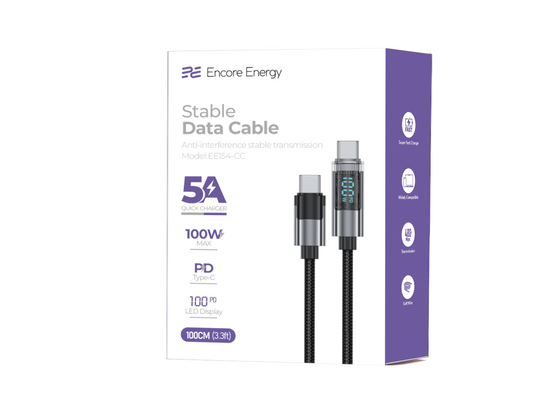 Encore Energy nuovo cavo con display USB-C x2 5A cavo QC PD 100W per ricarica e trasferimento dati 100 cm intrecciato nero EE154-CC