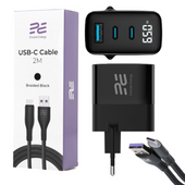 Nouveau chargeur secteur Encore Energy GaN QC 4+ PD 3.0 USB-A USB-C x2 65W MD-6583R avec écran + Câble USB Encore Energy 2m