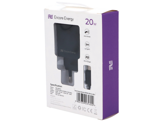 Нова мережна зарядка 20W USB-C QC PD + кабель USB-C 200 см Encore Energy MD-202mC