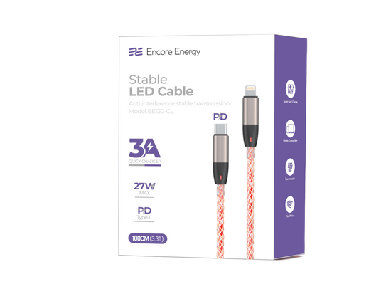 Nuevo cable iluminado Encore Energy RGB USB-C Lightning cable QC PD 3A 27W para carga y transferencia de datos 100 cm EE130-CL