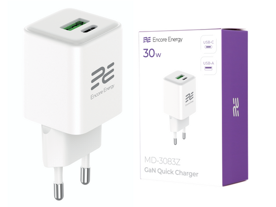 Nová síťová nabíječka GaN 30W USB-A USB-C QC PD Encore Energy MD-3083Z + kabel 2x USB-C 50cm