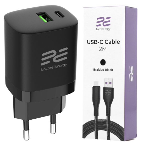 Nová síťová nabíječka Encore Energy PD 3.0 Quick Charge 4.0 USB-A USB-C 30W MD-3083R + Kabel Encore Energy USB 2m