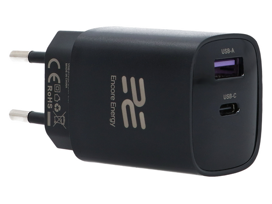 Nová síťová nabíječka Encore Energy GaN QC 4 PD 3.0 USB-A USB-C 30W GaN-3083R s displejem + kabel USB-A USB-C 2m