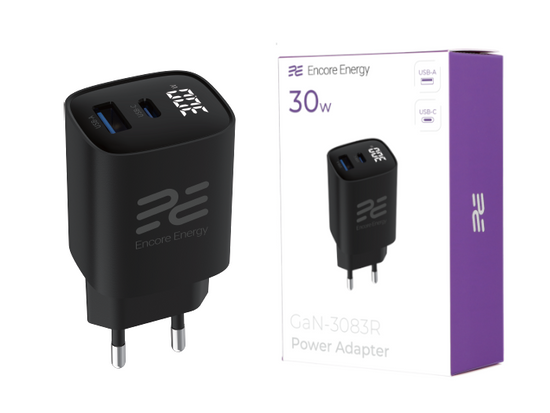 Nouveau chargeur secteur Encore Energy GaN QC 4 PD 3.0 USB-A USB-C 30W GaN-3083R avec écran