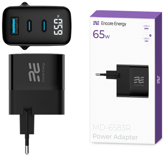 New Encore Energy GaN QC 4+ PD 3.0 USB-A USB-C x2 65W MD-6583R power adapter with display.