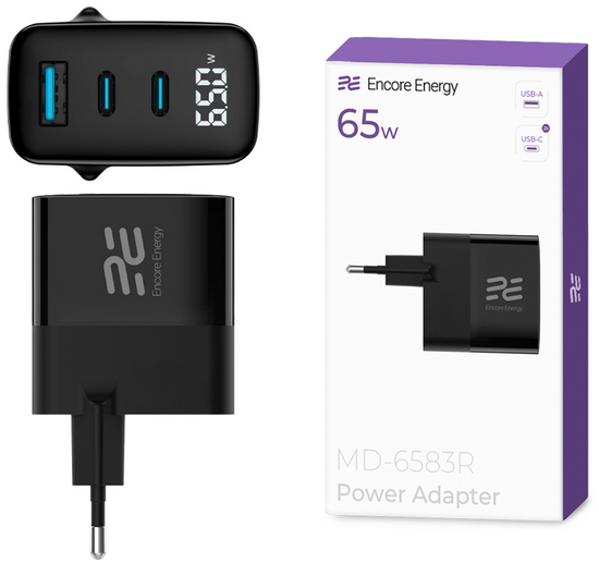 Нова мережна зарядка Encore Energy GaN QC 4+ PD 3.0 USB-A USB-C x2 65W MD-6583R дисплей + Кабель Samsung Combo USB