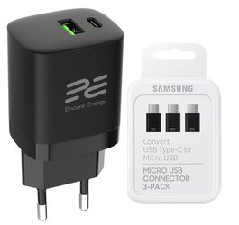 New Encore Energy PD 3.0 Quick Charge 4.0 USB-A USB-C 30W MD-3083R Wall Charger + Samsung Micro USB to USB-C Adapter