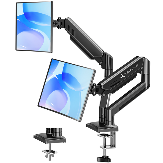 Nový stolní držák Triadyn DuoFlexMount na dva monitory televizory 13-32" ergonomický nastavitelný otočný TRD-BLK-2AL-13"-32"