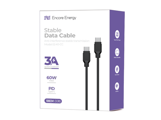 Nový kabel Encore Energy USB-C 3A kabel QC PD 60W pro nabíjení a přenos dat 100 cm černý EE40-CC