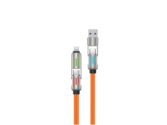 Nuevo cable Encore Energy 4 en 1 con conectores iluminados USB-C, USB-A, Lightning, 3A, cable QC PD 60W para carga y transferencia de datos, 100 cm, naranja, EE144.