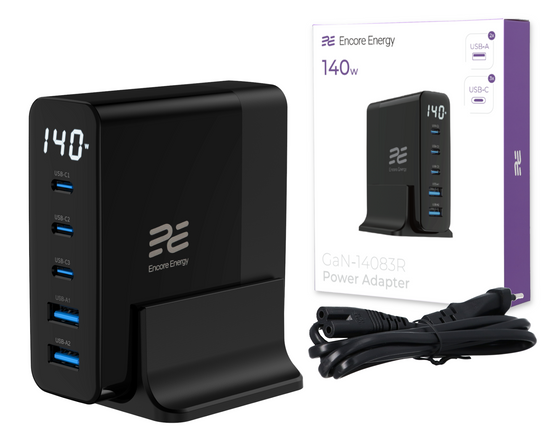 New Encore Energy charging station desktop charger GaN QC 4+ 5.0 PD 3.0 USB-A x2 USB-C x3 140W GaN-14083R with display + 2m USB-C cable