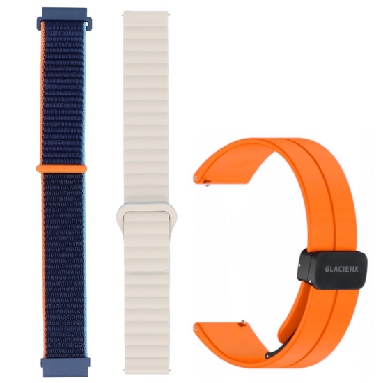 Ensemble de bracelets pour smartwatch GlacierX Silicone Magnetic Wave Creamy Sky + Boucle magnétique en silicone Vibrant Orange + Bracelet grip en nylon Ocean Blue 22mm