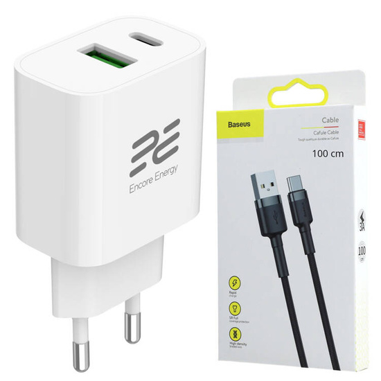 Neues Netzladegerät Encore Energy PD 3.0 Quick Charge 4.0 USB-A USB-C Schnellladegerät 20W + Baseus USB-Kabel 1m