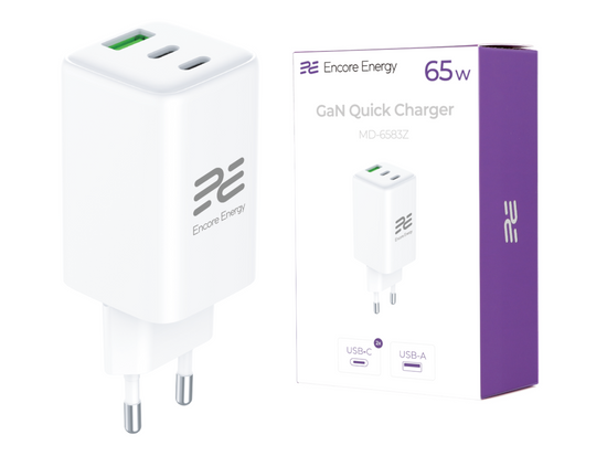 Нова мережна зарядка GaN 65W USB-A + 2x USB-C QC PD Encore Energy MD-6583Z + кабель 2x USB-C 100 см