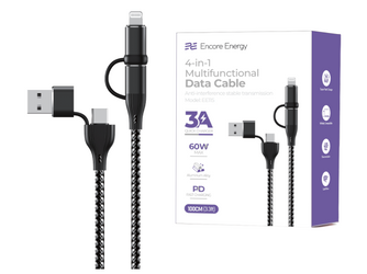Новий кабель Encore Energy 4в1 USB-C USB-A Lightning 3A провід QC PD 60W для заряджання та передачі даних 100 см плетений EE115