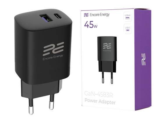 Neues Netzteil Encore Energy GaN QC 4.0 PD 3.0 USB-A USB-C 45W GaN-4583R