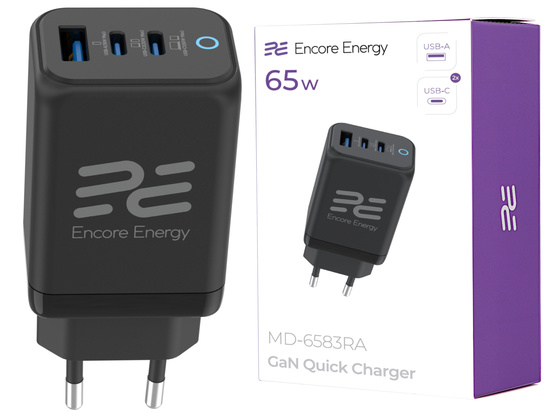 Nová síťová nabíječka GaN 65W USB-A + 2x USB-C QC PPS PD Encore Energy MD-6583RA