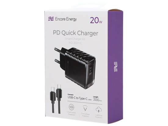 New 20W USB-C QC PD wall charger + 200cm USB-C cable Encore Energy MD-202mC