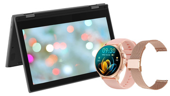 Touchscreen Lenovo Chromebook 300E 2nd Gen AST 2in1 Schwarz AMD A4-9120C 4GB 32GB 1366x768 Klasse A Chrome OS + Smartwatch GlacierX Aura Rose Gold + Mesh-Armband