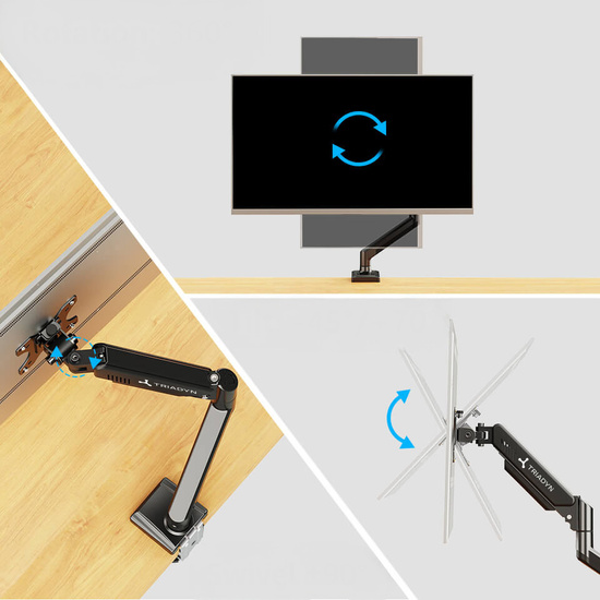 New Triadyn FlexMount Desk Mount for Single Monitor TV 13-34" Ergonomic Adjustable Rotating TRD-BLK-1AL