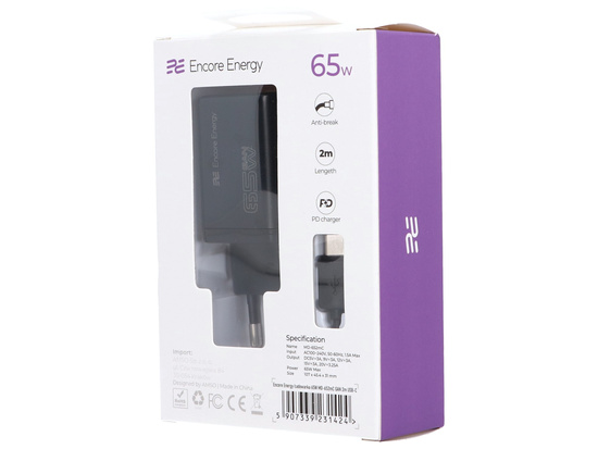 Nová síťová nabíječka GaN 65W USB-C QC PD + kabel USB-C 200cm Encore Energy MD-652mC