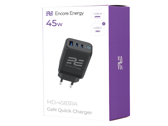 New GaN 45W USB-A + 2x USB-C QC PPS PD Encore Energy MD-4583RA wall charger